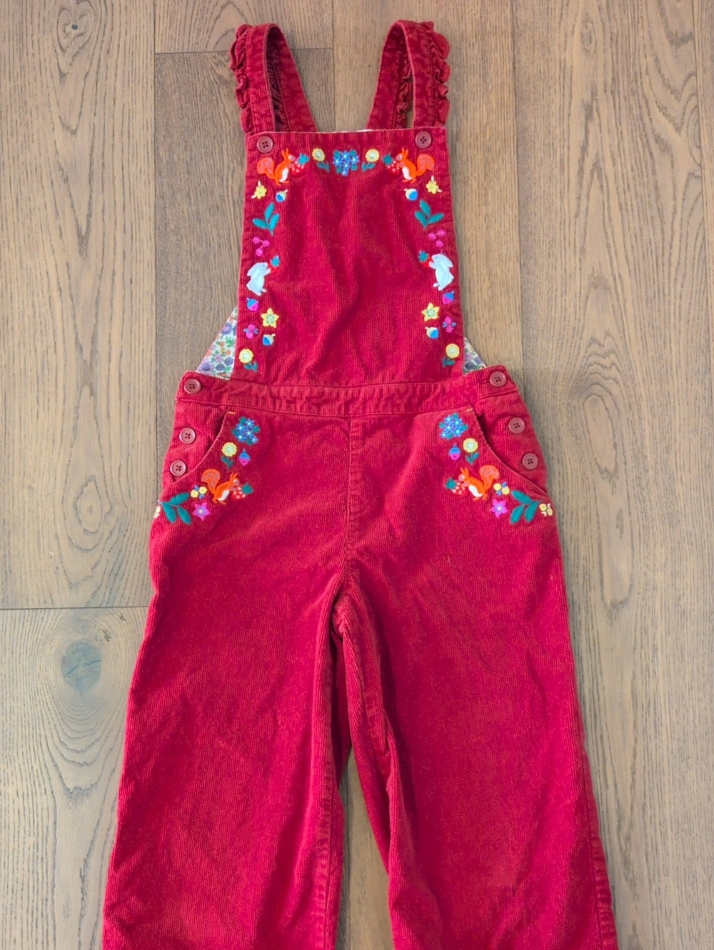 Mini Boden Red Corduroy Floral/Animal Embroidered Overalls